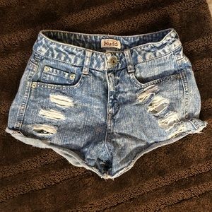 Distressed acid wash denim shorts
